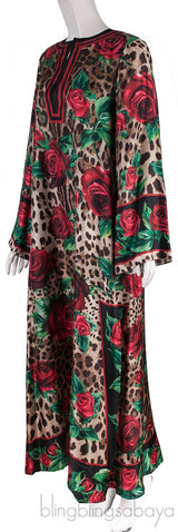 Brown Leopard & Rose Print Kaftan Dress