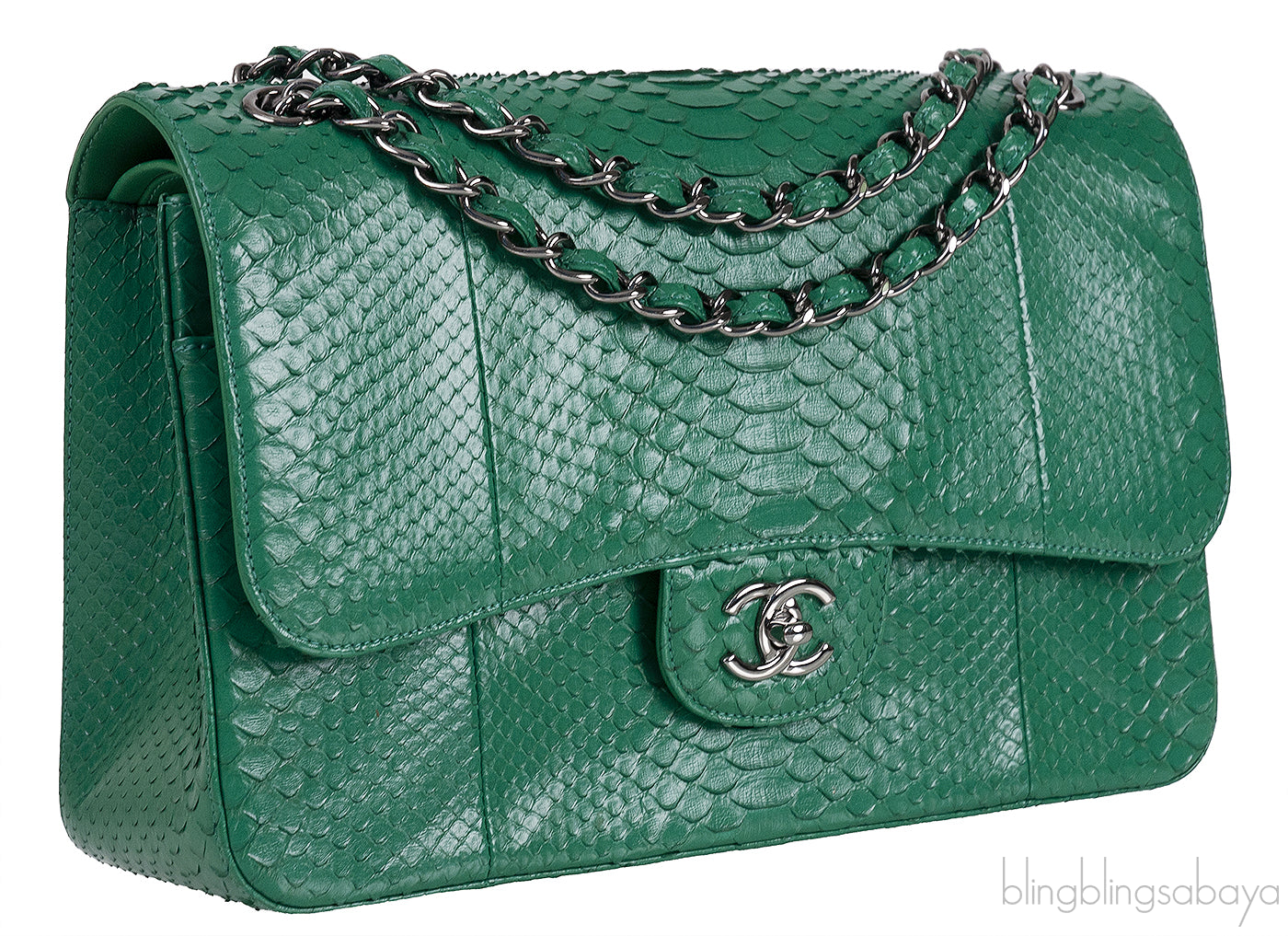 Chanel Classic Jumbo CC Emerald Green Python Flap Bag