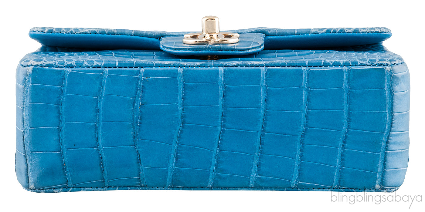 Light Blue Croc Mini Single Flap GHW