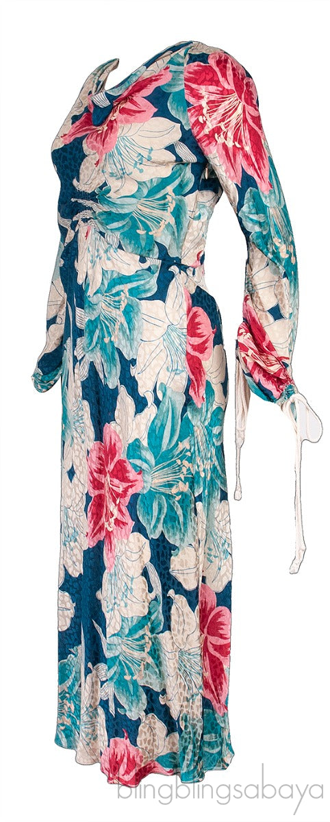 Blue Floral Print Gathered Midi Dress