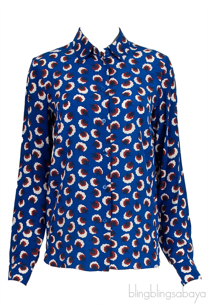 Blue Printed Silk Long Sleeve Shirt