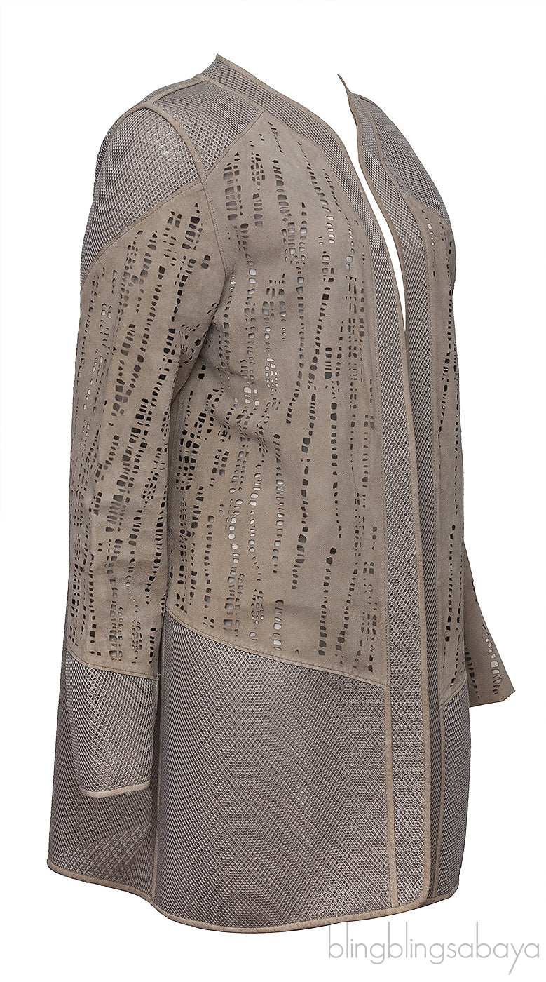 Elie Tahari Beige Perforated Mesh Leather Cardigan
