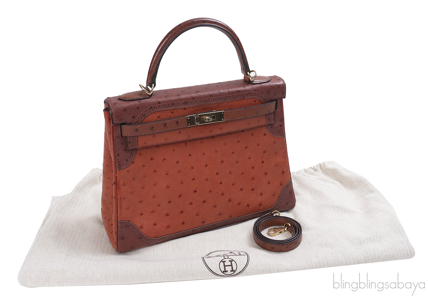 Hermes Kelly 32 Ghillies Rouge H Sunset and Brique Ostrich Bag