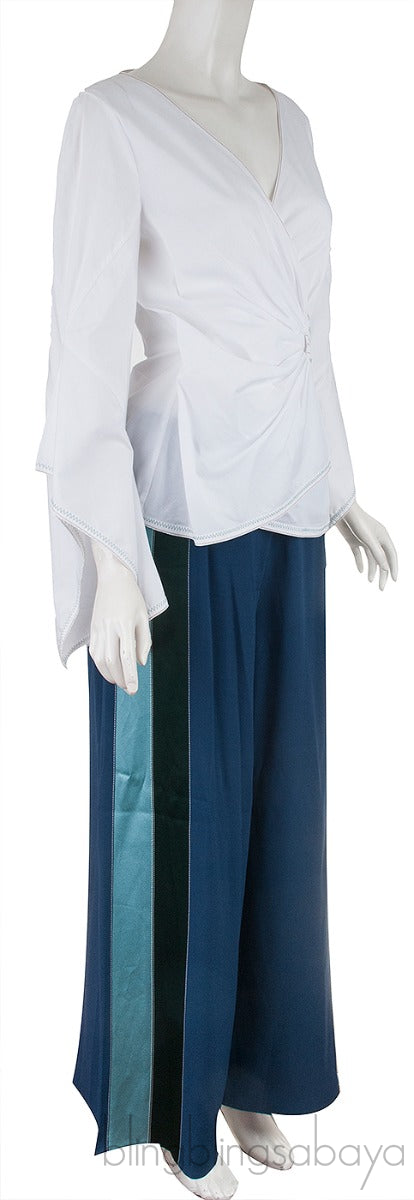 White Wrap Top & Blue Wide Leg Pants