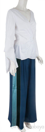 White Wrap Top & Blue Wide Leg Pants