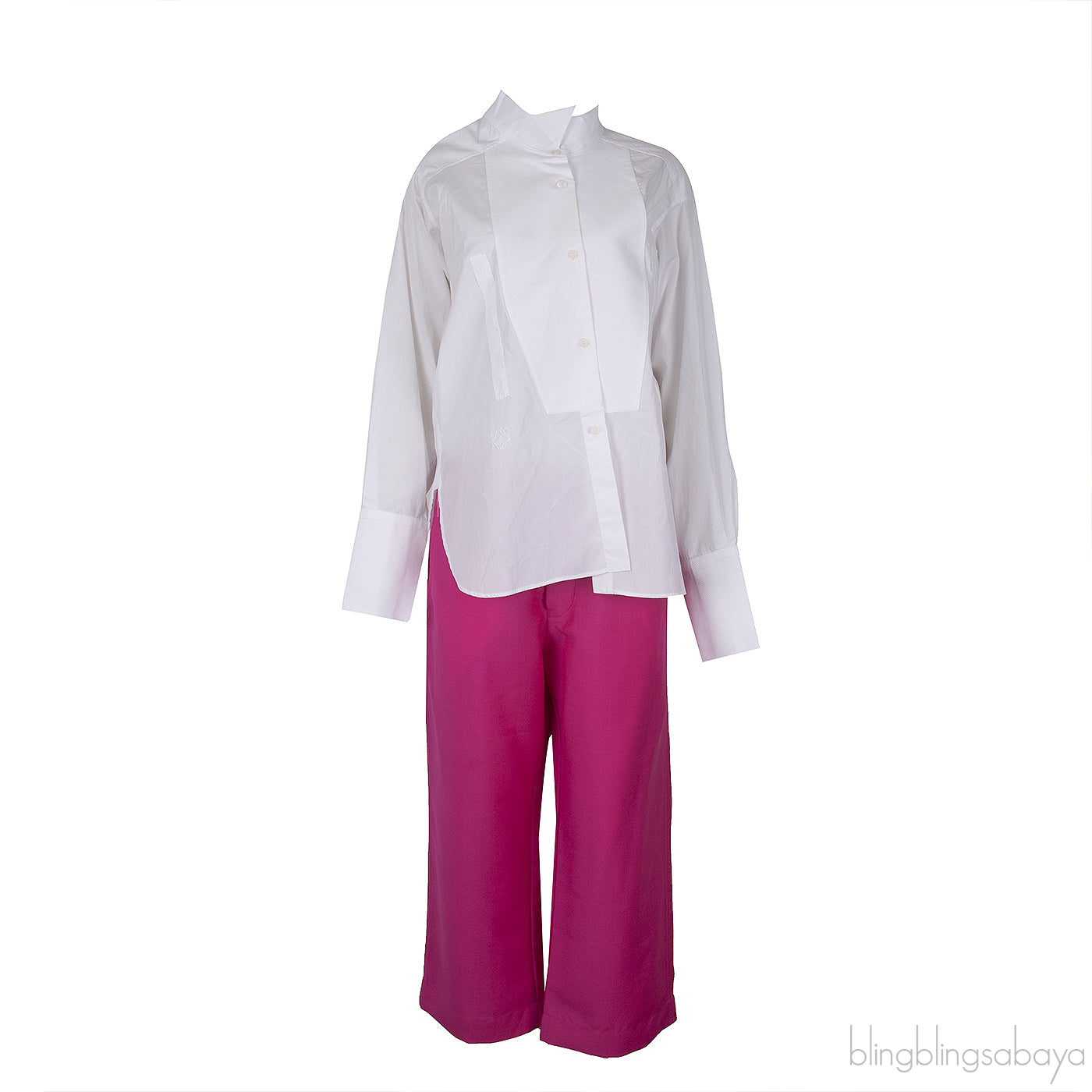 White Long Sleeve Shirt And Fuchsia Wide Leg Trouser