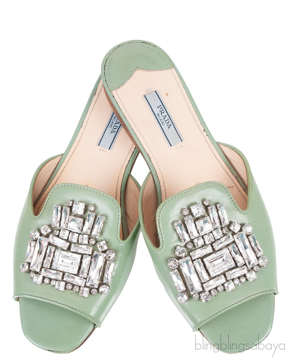Pastel Green Crystal Open Toe Slide Sandals 38
