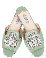 Pastel Green Crystal Open Toe Slide Sandals 38