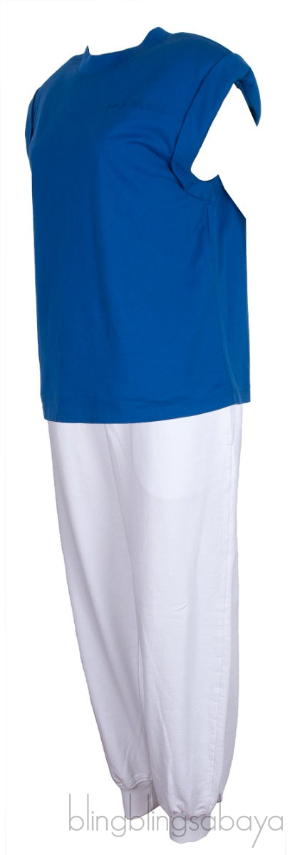 Blue Padded Shoulder Top & White Jogger