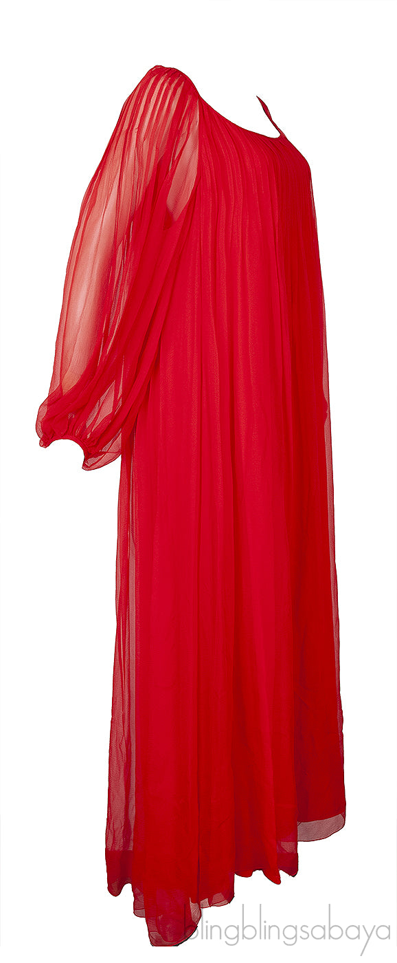 Red Pleated Silk Mousseline Maxi Dress