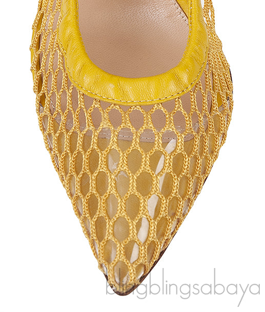 Mustard Leather Trimmed Fishnet Pump