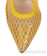 Mustard Leather Trimmed Fishnet Pump