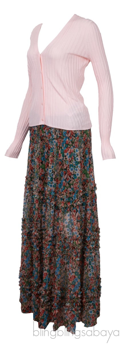 Pink Seam Free Engineered Cardigan & Tiered Multicolor Printed Skirt