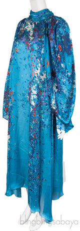 Ocean-Floral Charmeuse Midi-Dress