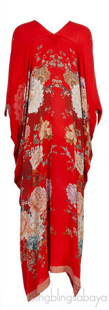 Red Floral Print Silk Kaftan Dress