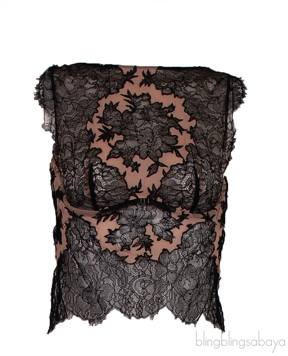 Black Floral Lace Nude Crop Top
