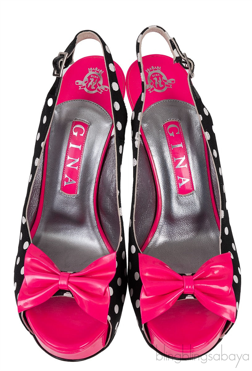 Pink Bow Black Polka-dot Platform Slingback Shoes