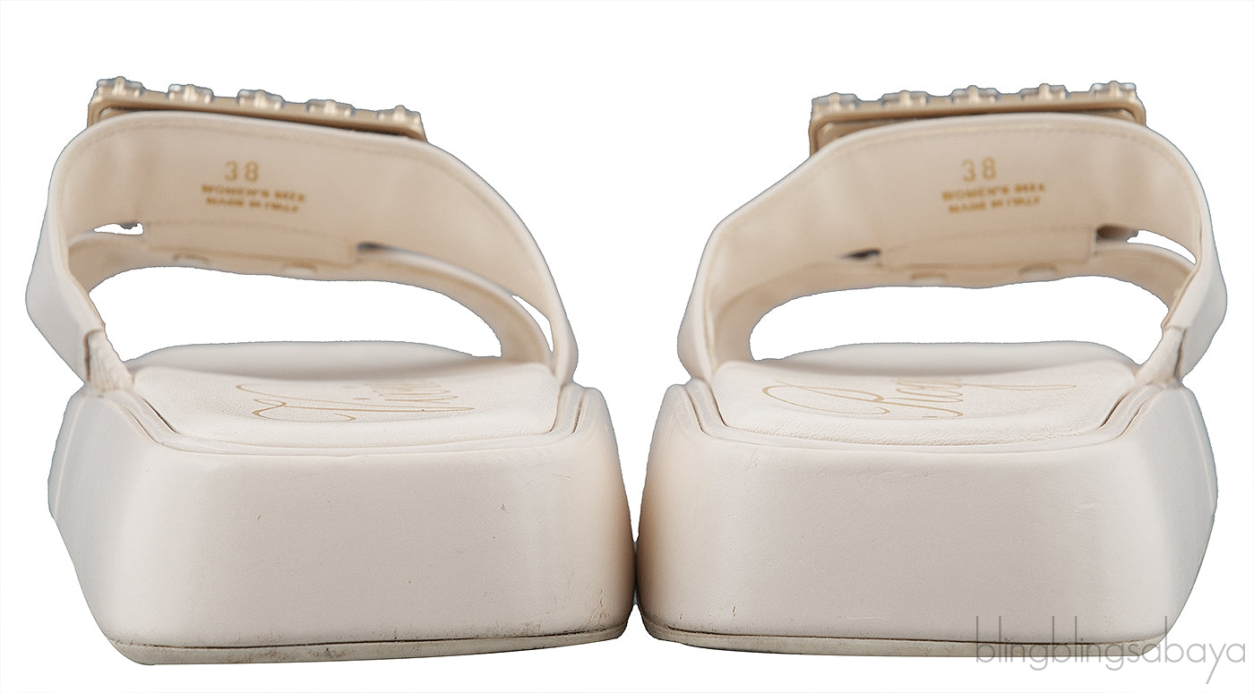 Slide Crystal Buckle Off-white Leather Mule