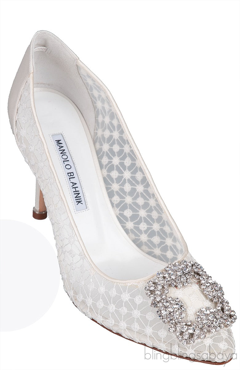 Hangisi White Embroidered Mesh Crystal Heels