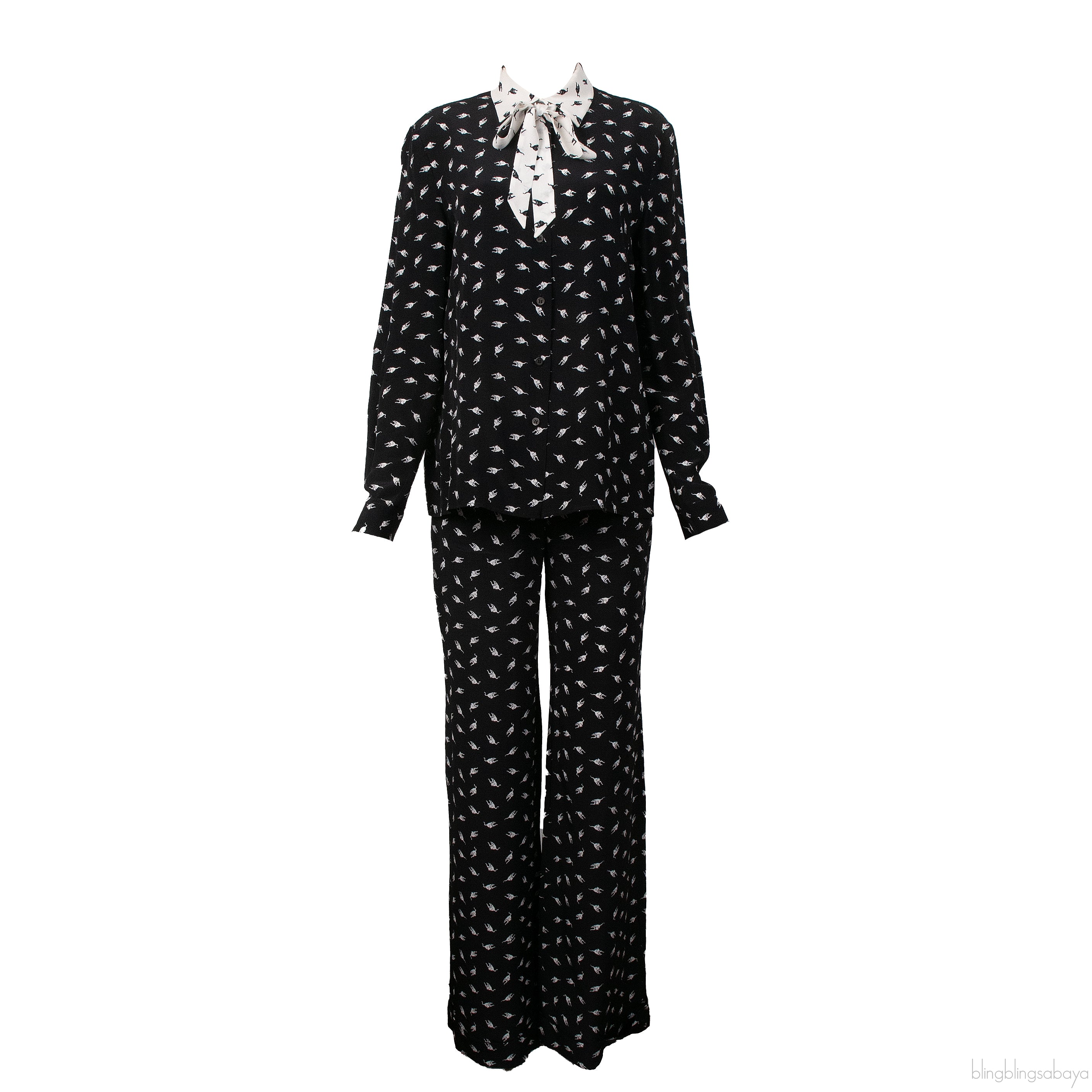 Miu Miu Black All Over Cat Print Top and Trouser