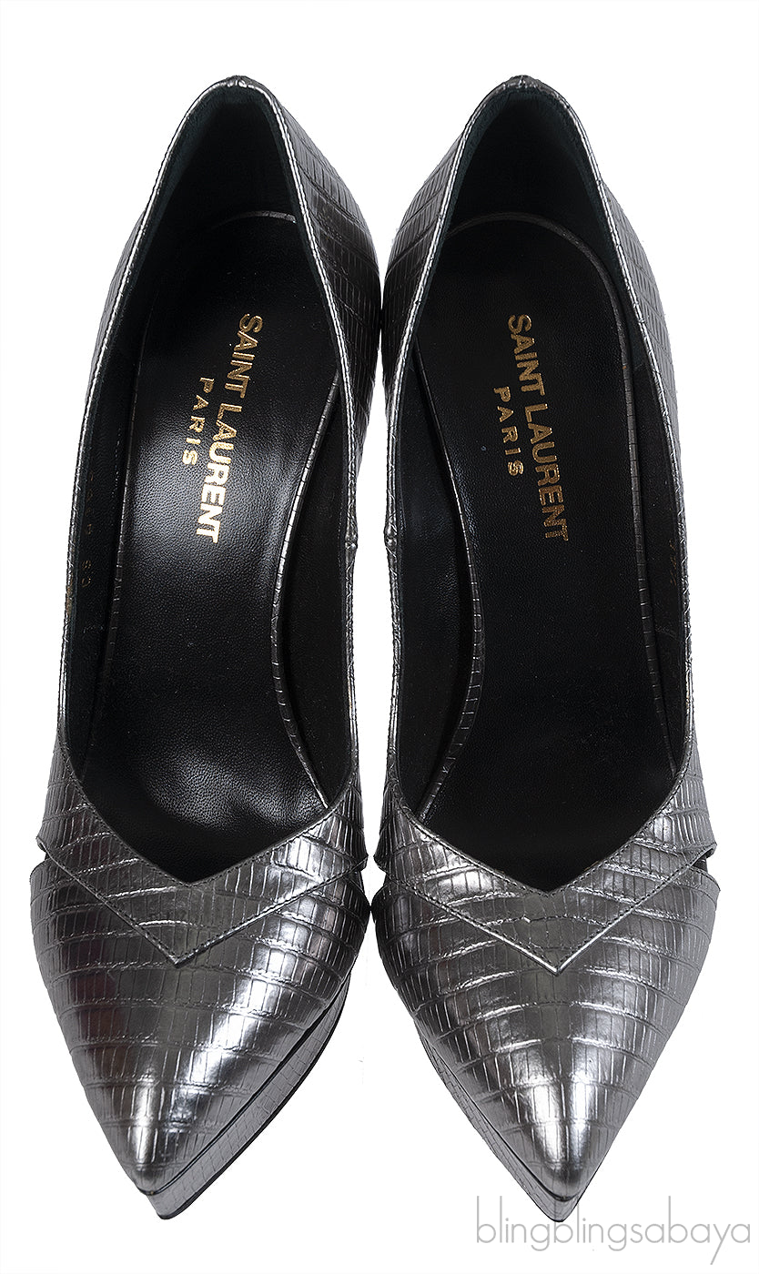 Yves Saint Laurent Gun Metal Lizard Print Pointed Pump