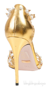 Gold Leather Pearl Trim Sandals