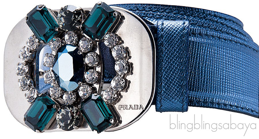 Blue Saffiano Jeweled Buckle Belt*