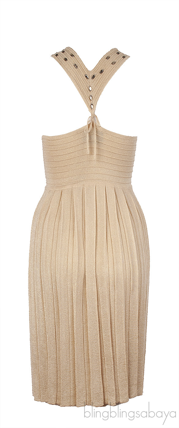 Beach Couture Halter Neck Gold Knit Pleated Dress