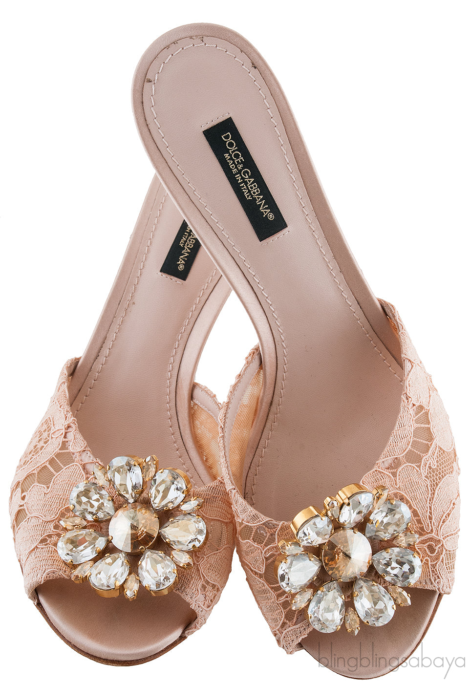 Beige Lace Crystal Vamp Slip-on Sandals