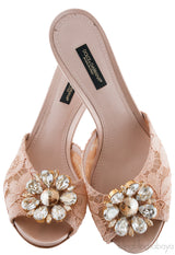 Beige Lace Crystal Vamp Slip-on Sandals