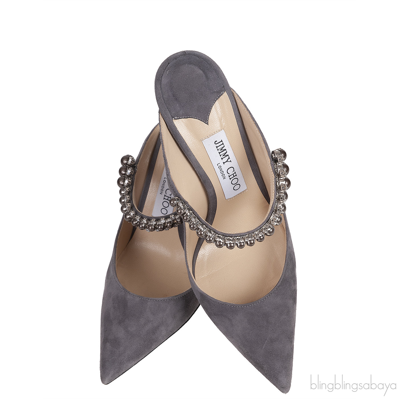Jimmy Choo Grey Suede Bing Crystal Leather 100mm Crystal Mules