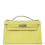 HERMES Kelly Pochette Matte Lime Alligator PHW