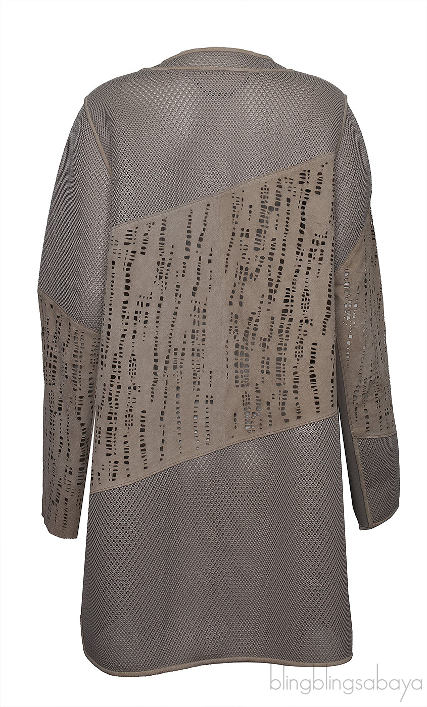 Elie Tahari Beige Perforated Mesh Leather Cardigan