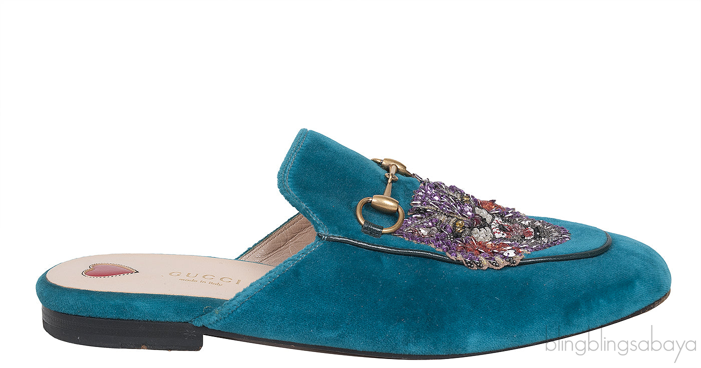 Teal Tiger Embroidered Princetown Slide