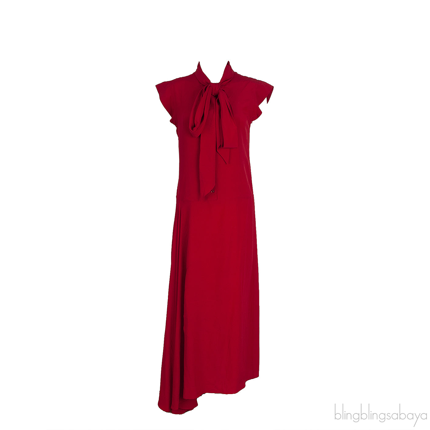 Red Bow Tie Neck Ruffle Trim Dress