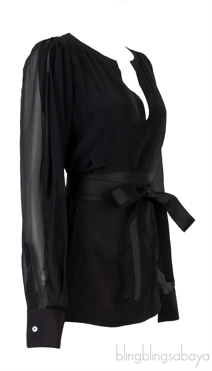 Black Long Sleeve Belted Top