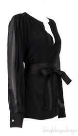 Black Long Sleeve Belted Top