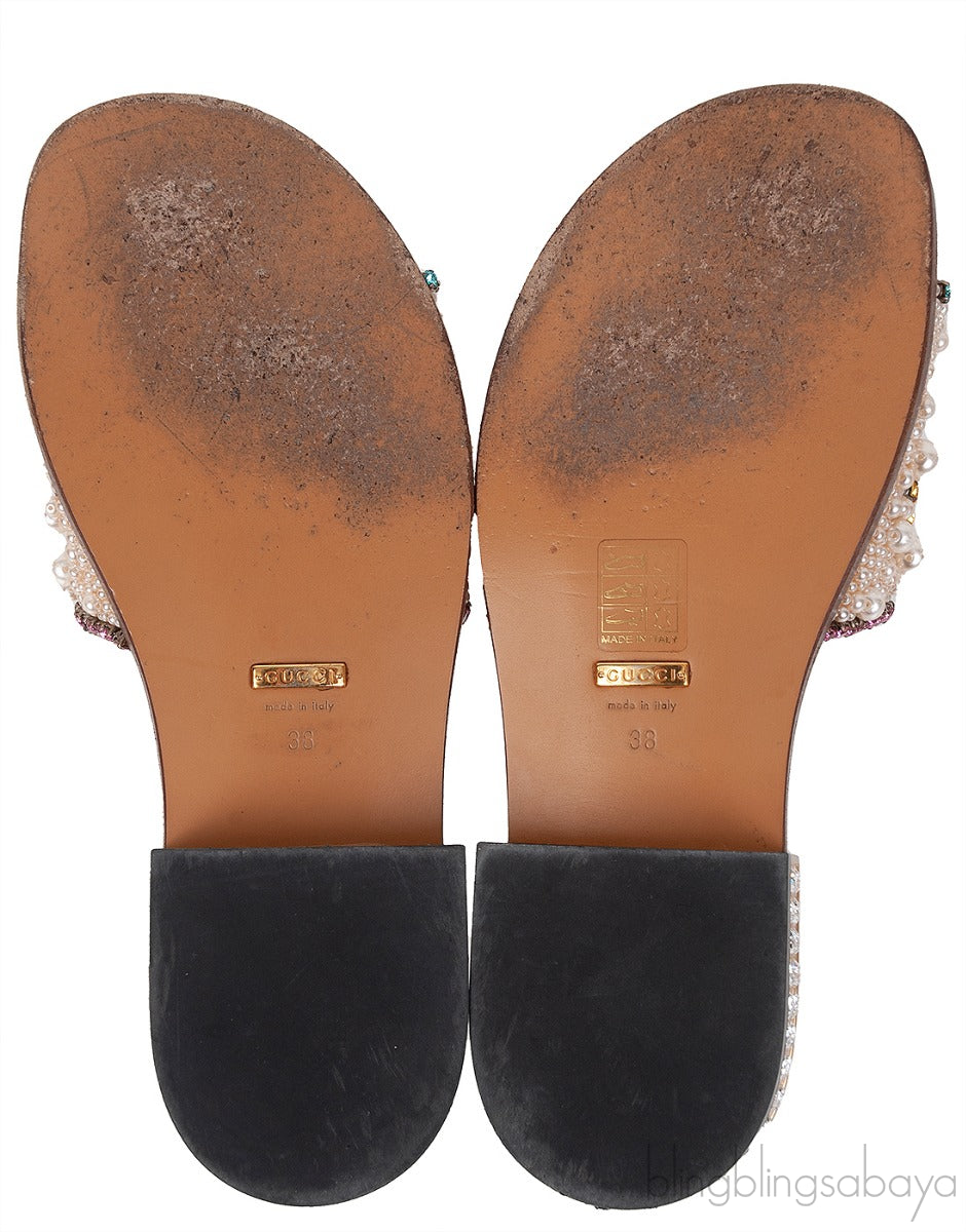 Guccy Pearl and Crystal Embellished Slide Sandals