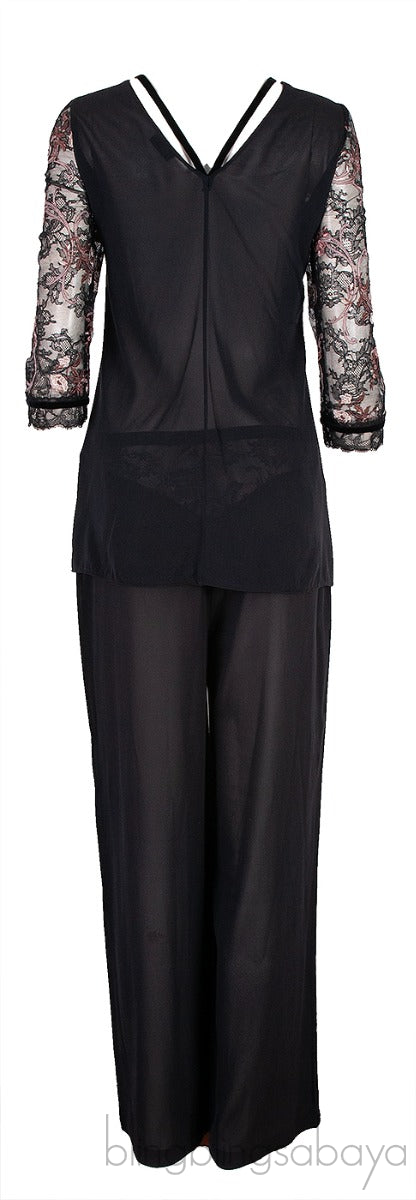 Black  Lace Floral Embroidered Sleeve Pajama Set