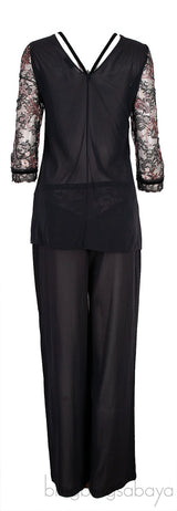 Black  Lace Floral Embroidered Sleeve Pajama Set