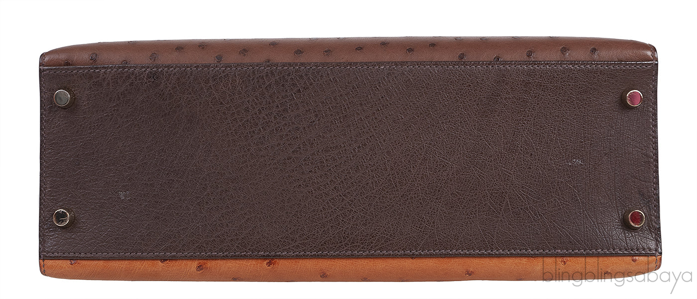 Hermes Kelly 32 Chocolate Natural and Dark Brown Ostrich GHW