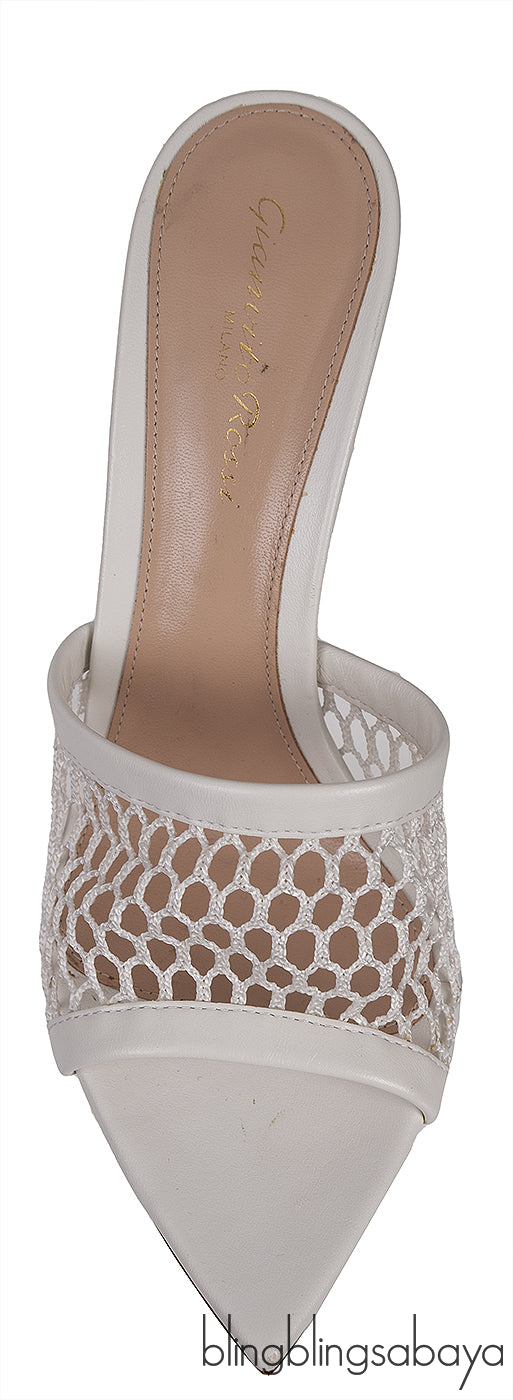 White Leather Trimmed Fishnet Mules