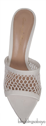 White Leather Trimmed Fishnet Mules