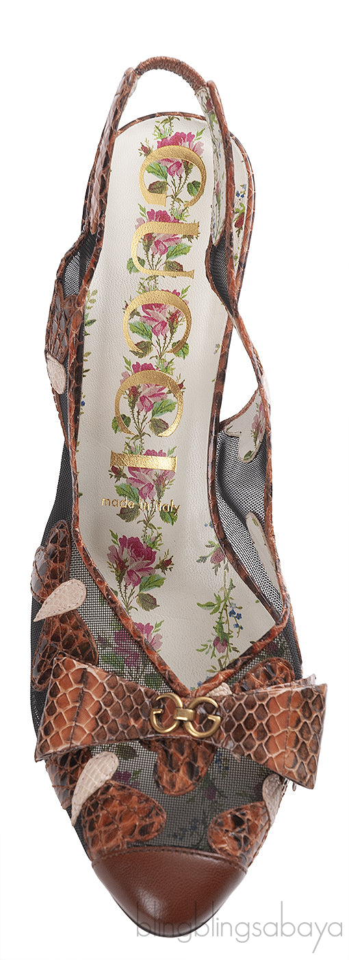 Gucci Malaga Kid Elaphe Lizard Butterflies Mid-Heel Slingback
