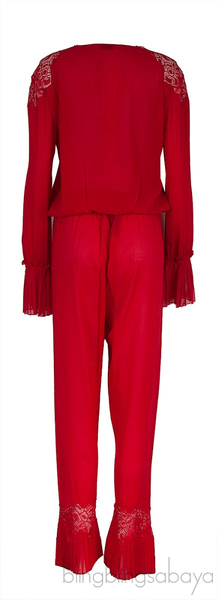 La Perla Red Pleated Trim Silk Pajama Set
