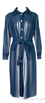 Blue & White Pleated Belted Midi Dress