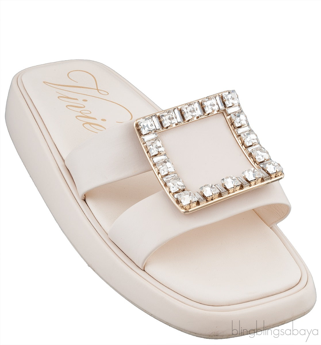Slide Crystal Buckle Off-white Leather Mule
