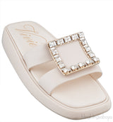 Slide Crystal Buckle Off-white Leather Mule