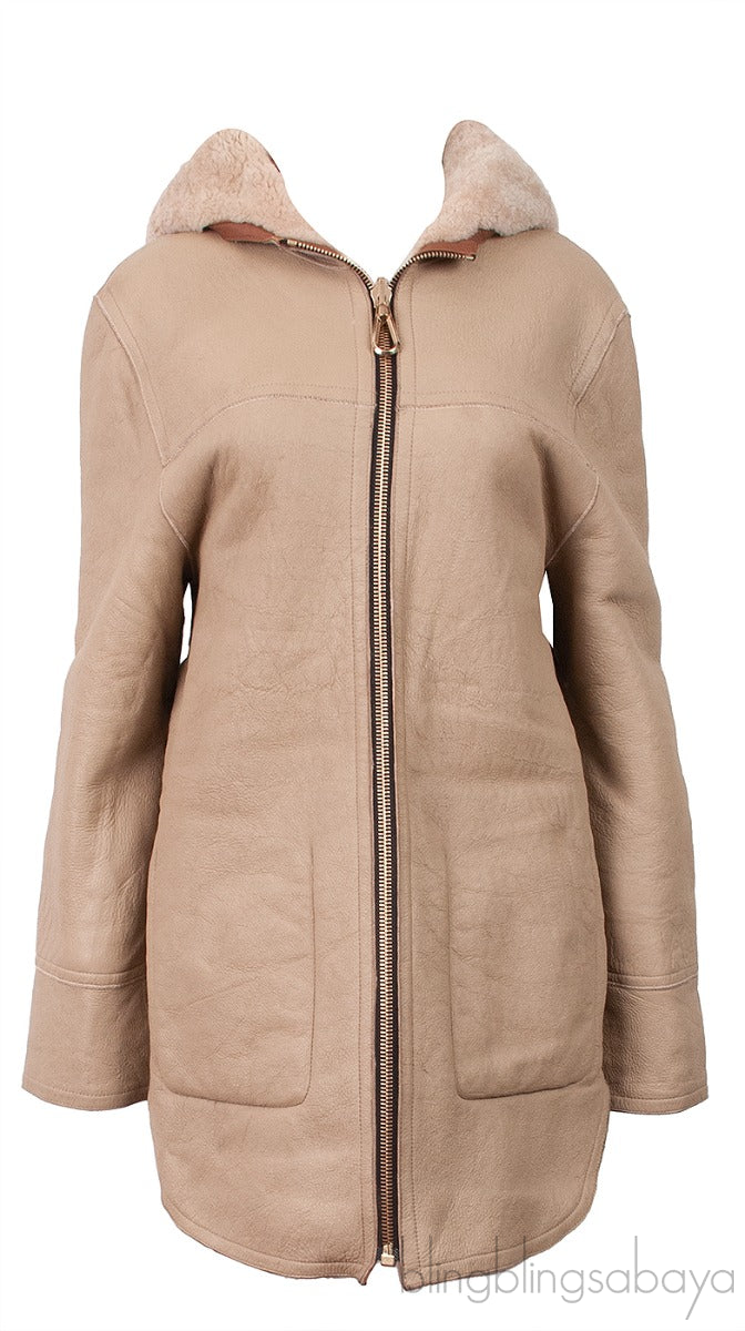 Camel Reversible Leather Hooded Jacket