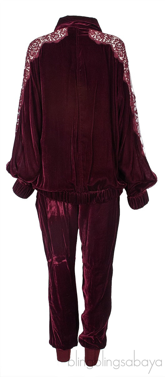 Burgundy Lace Trim Velvet Jacket & Jogger Set